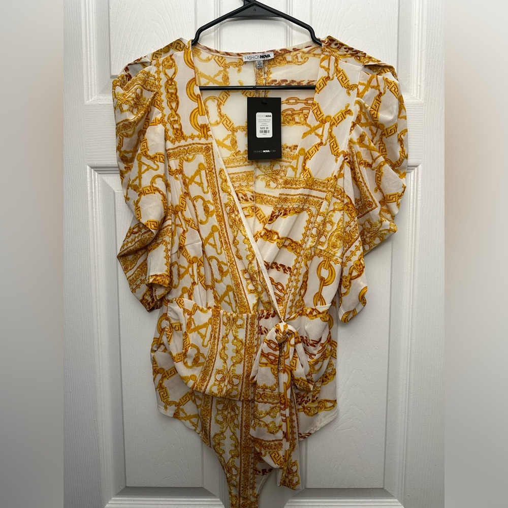 Fashion Nova Gold and White Wrap Tie Front Blouse